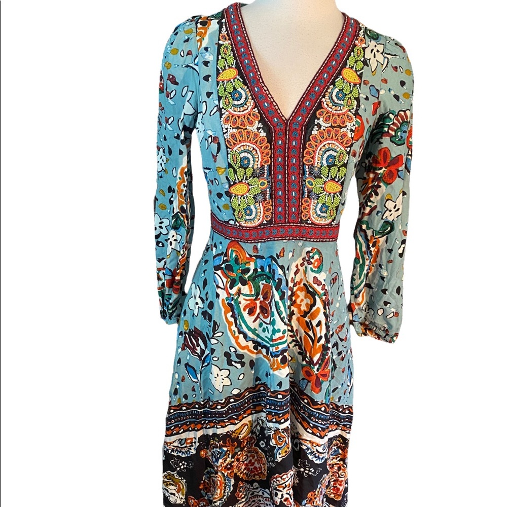 Boho V-Neck Floral Midi Dress in Turquoise